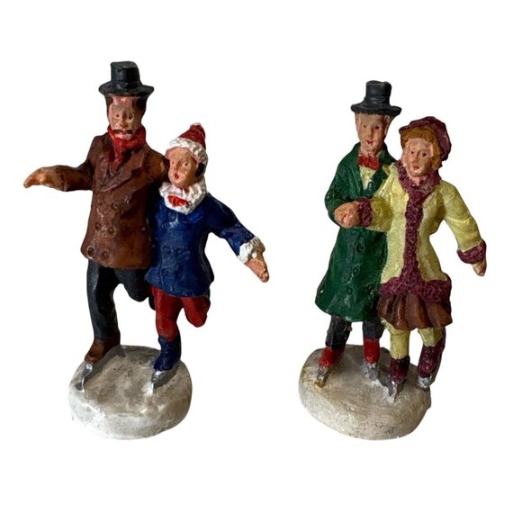 Ice Skating Couple Figurines Christmas Village Set Of 2 Vintage Hand Painted - Picture 1 of 6